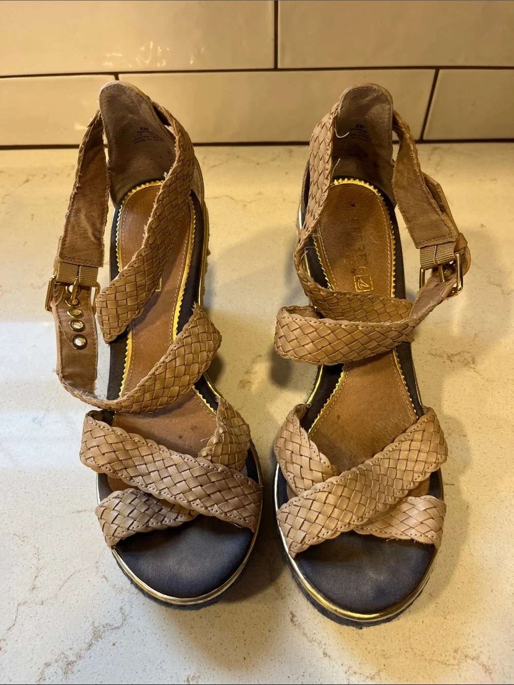 Sperry Braided Tan Wedge Sandals with Black Espadrille Platform and Gold Trim